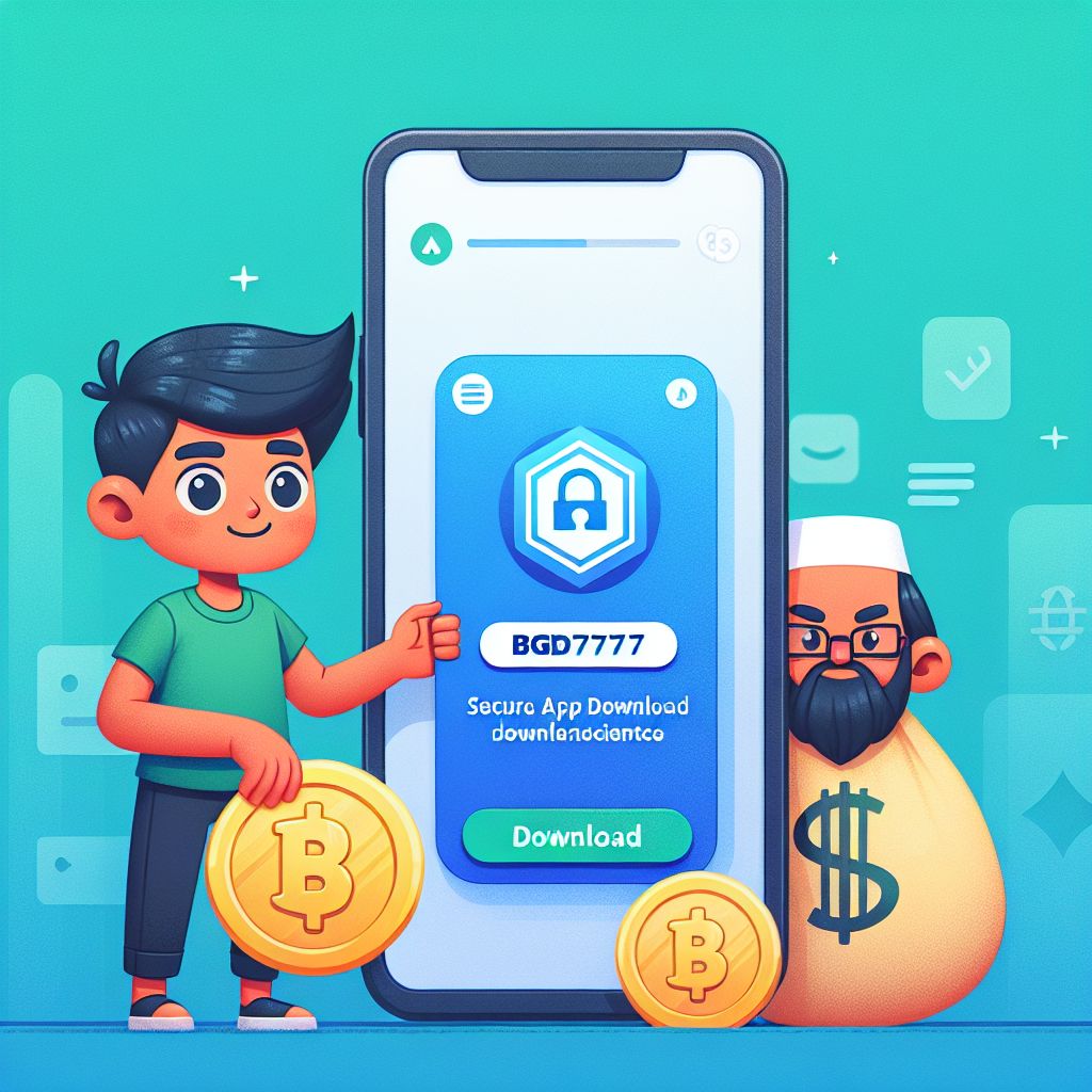 BGD777 app themed cartoon character holding a smartphone with app interface and coins