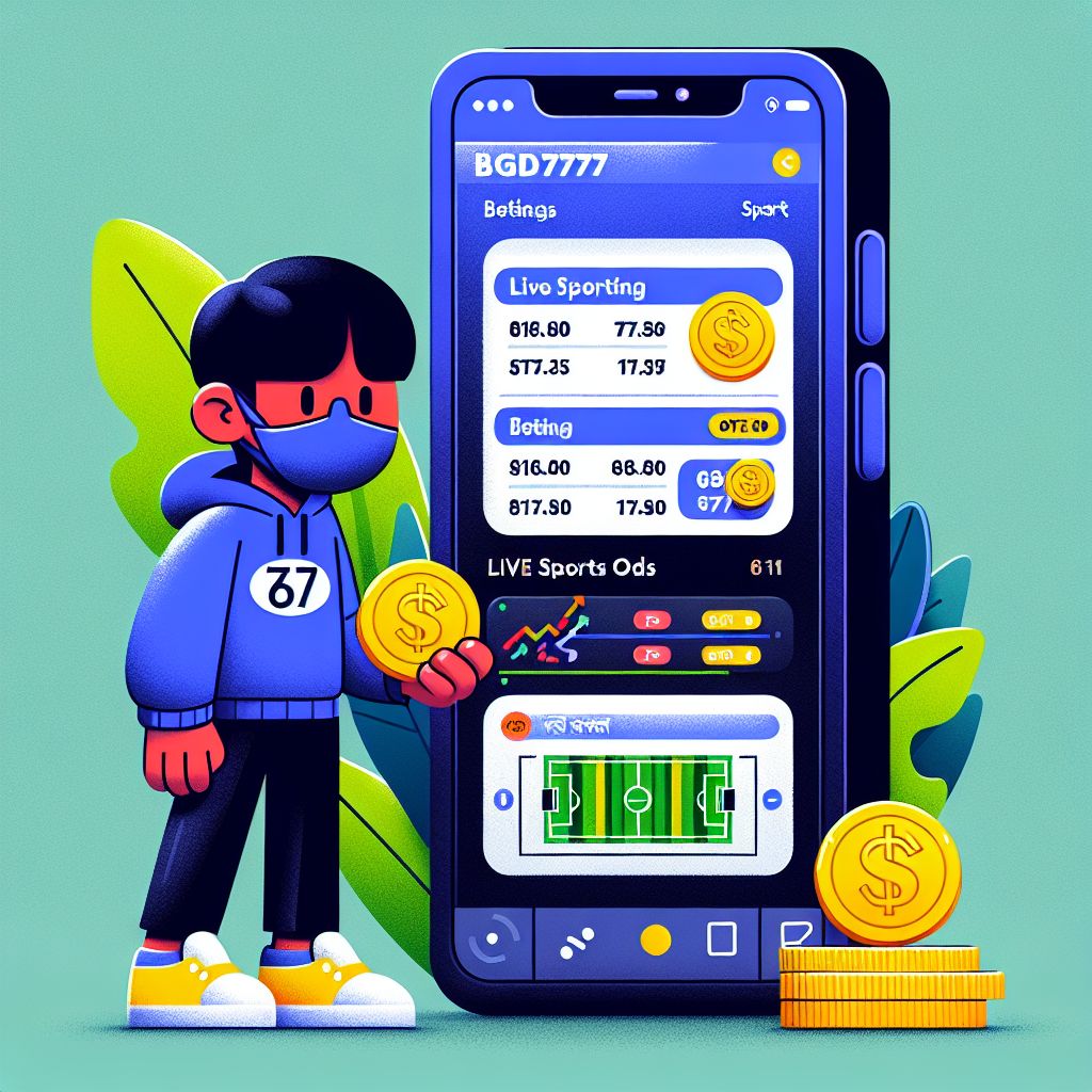 BGD777 themed cartoon bettor with a phone showing live odds and coins