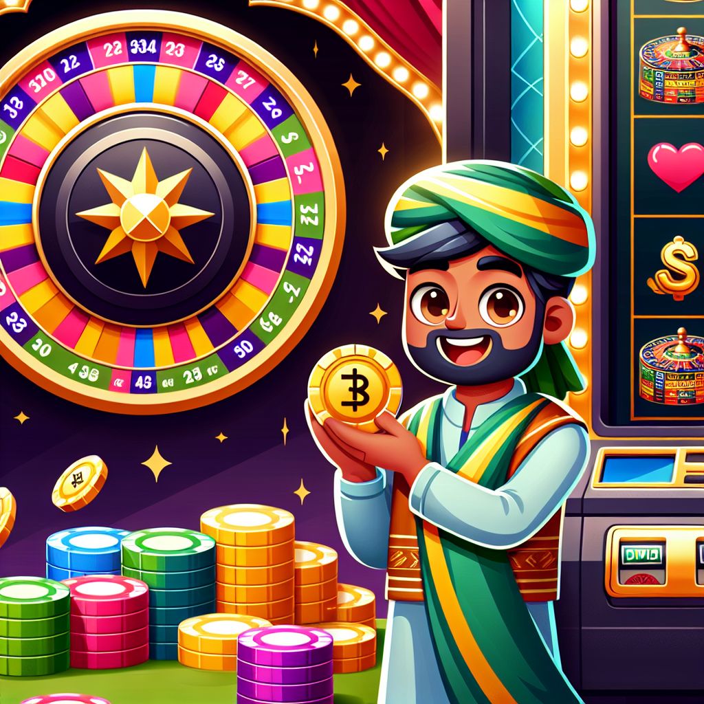 BGD777 casino cartoon character with chips and slot reels in a bright gaming lobby