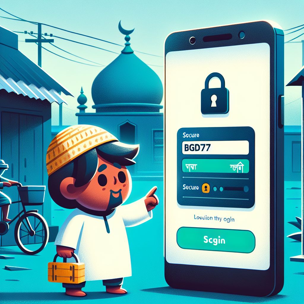 BGD777 login themed cartoon character holding a phone with a secure sign-in screen
